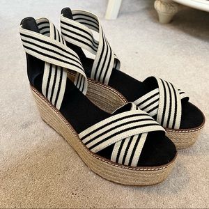 Tory Burch Elastic Platform Wedges cream black stripe size 9